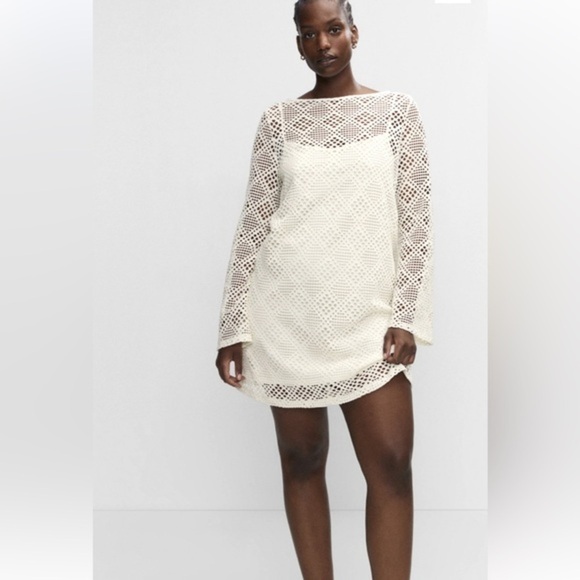 Mango Beige Boho Festival Crochet Beach Summer Tunic  Mini Dress Sz 14 - Picture 6 of 11